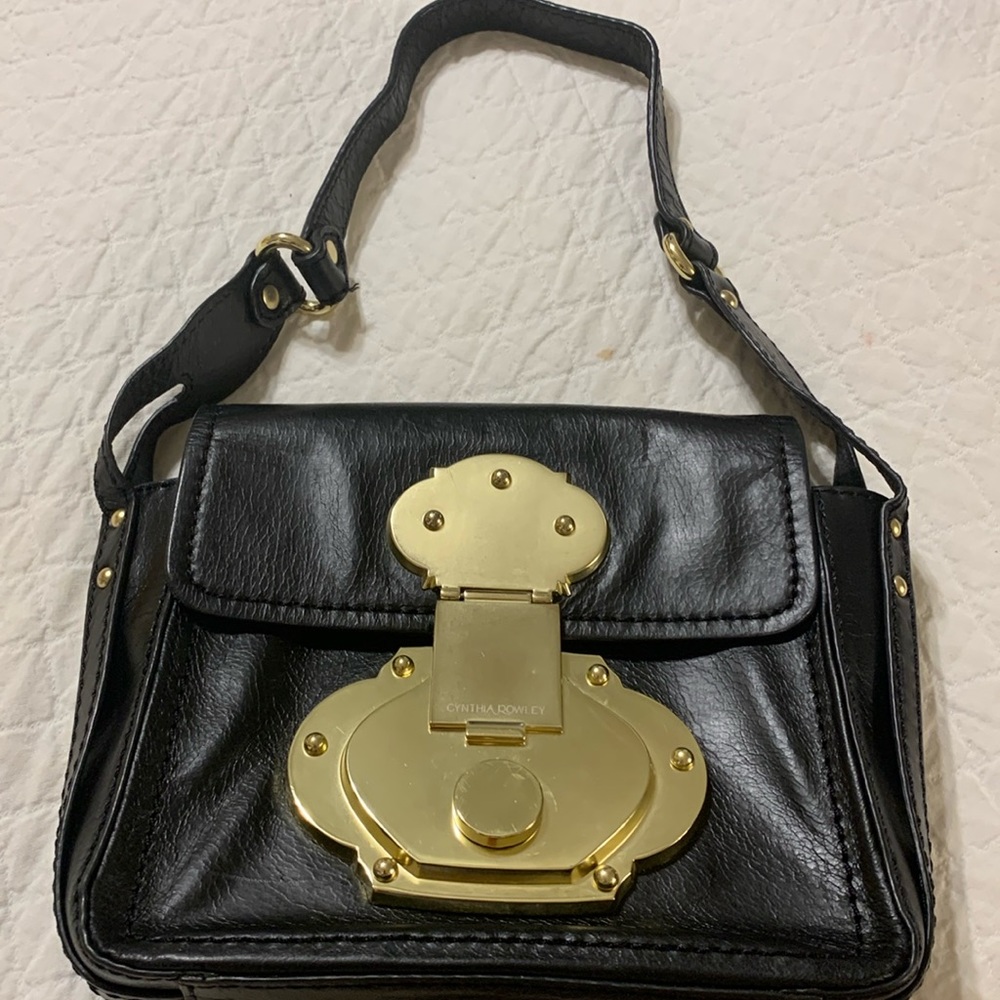 CYNTHIA ROWLEY SMALL BLACK LEATHER SATCHEL BAG, Gold Hardware